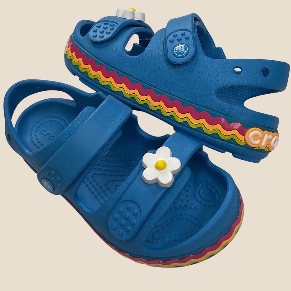Crocs Crocband Cruiser Kids Blue Rainbow Daisy Sandals 211028-4WG Size C11 NWT